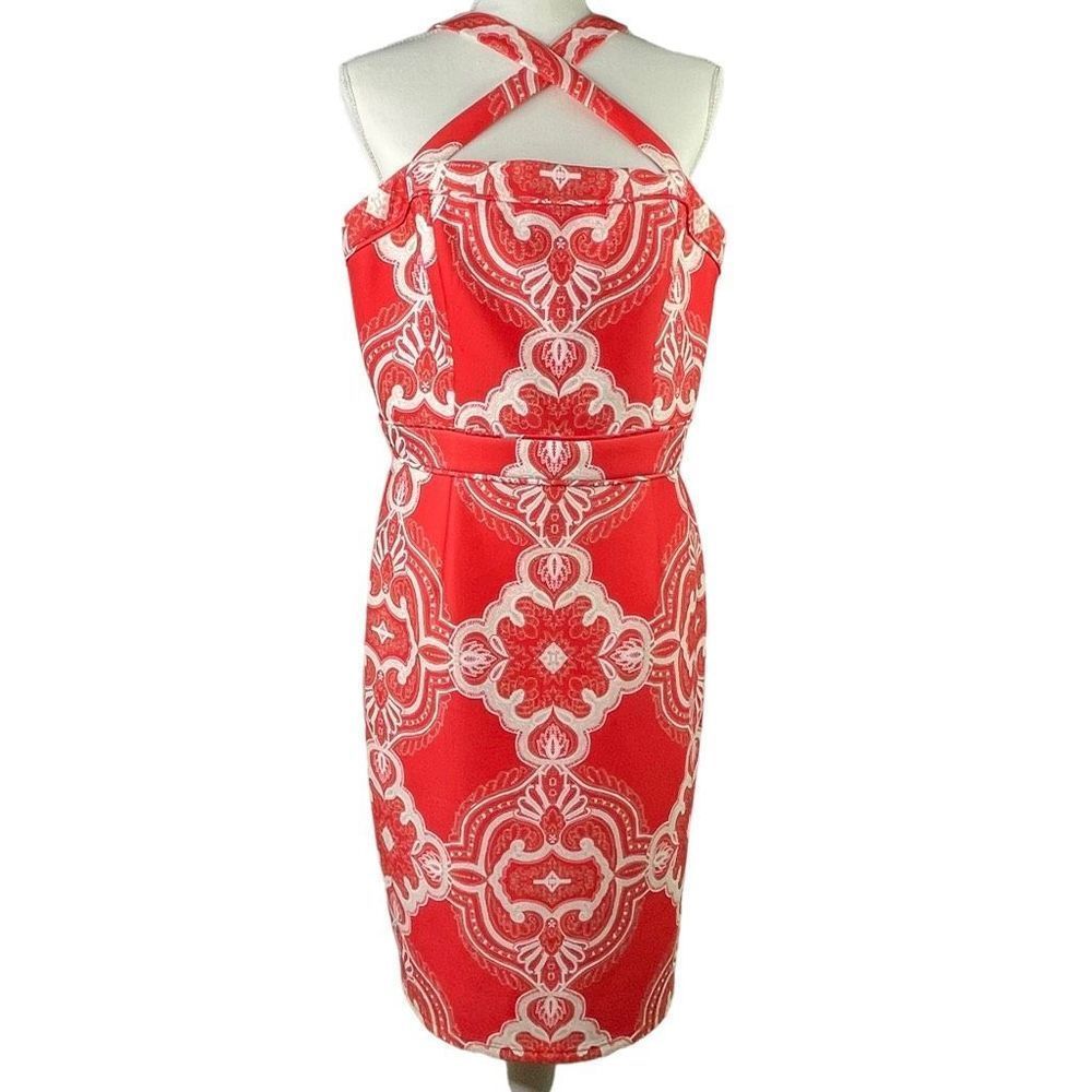 Lovely by Adrianna Papell Red Paisley Sleeveless Cross Strap Sheath Dress Sz 16